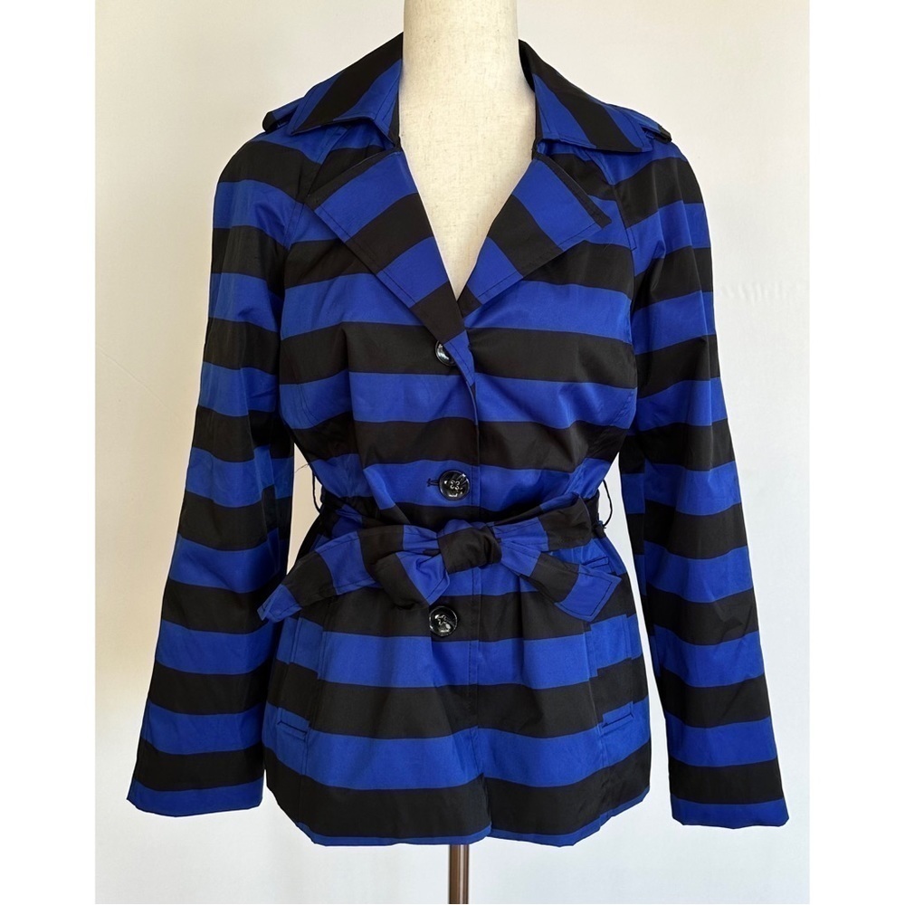 Sandro Trench Coat Blue and Black Striped Belted Medium
